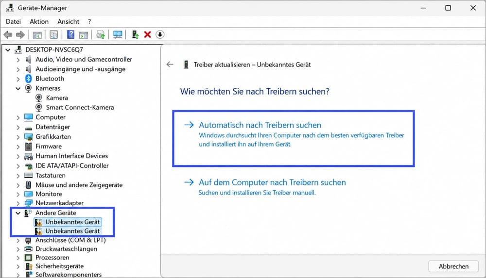 Treiber über den Geräte-Manager aktualisieren oder installieren