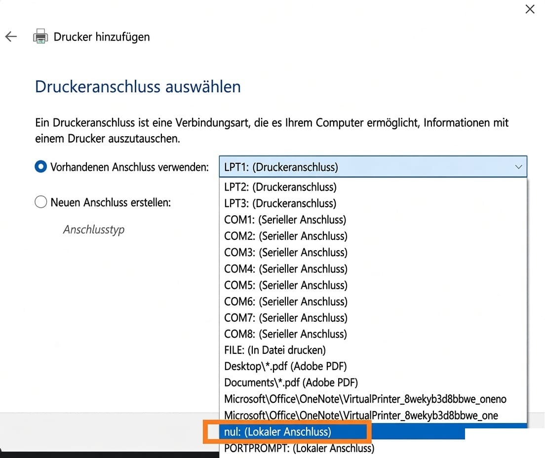 Wählen Sie einen Druckeranschluss aus.